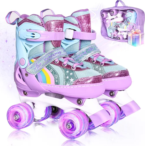 Rainbow - Patines para niños pequeños, talla 4 ajustable, patines cuádruples iluminados para niñas y niños principiantes de 3 a 12 años