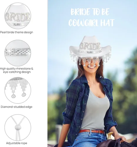 Miniatura 5 de MGupzao Sombrero de vaquero para novia, sombrero de diamantes de imitación para mujer, sombrero de vaquera para decoración de despedida de soltera