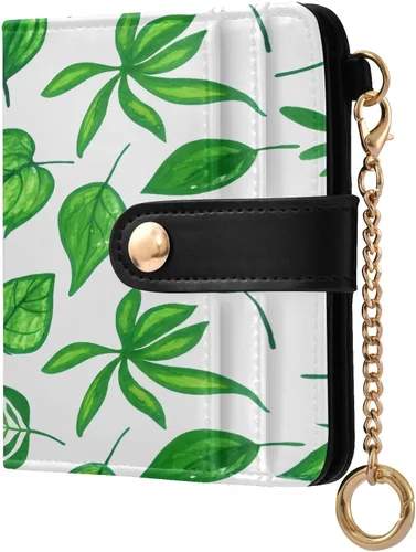 Qilmy Green Leaves Compact Women's Wallet - RFID Blocking Bifold Card Case PU Leather Slim Travel Wallet with Zipper Coin Pocket, ID Window &