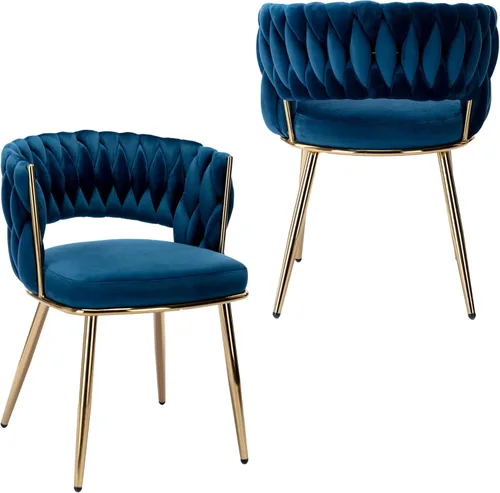 KCC Sillas modernas de comedor de terciopelo, juego de 2, silla tapizada para sala de estar con respaldo tejido y patas de metal dorado, silla Azul