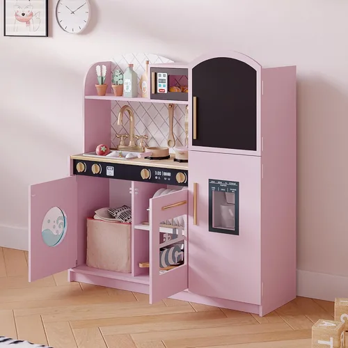 Miniatura 7 de Treocho Juego de cocina para niños, juego de cocina de madera para niños pequeños con almacenamiento, cocina de juguete de diseño moderno con grifo