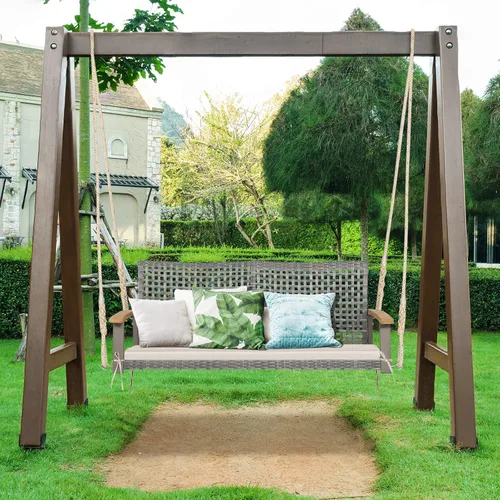 Miniatura 3 de Happygrill Silla de columpio para patio para 2 personas, banco oscilante de ratán al aire libre con reposabrazos de madera de acacia y dos cuerdas