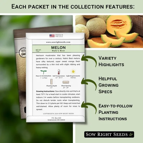 Miniatura 2 de Sow Right Seeds - Colección de semillas de frutas de melón para plantar - Paquetes individuales Honey Rock, Hales Best y Honeydew Melon - Semillas
