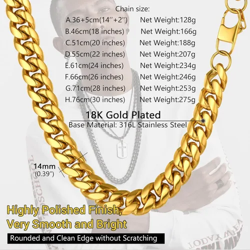 Miniatura 4 de PROSTEEL Trendy Cuban Links Necklace for Men Women, Black18K Gold Plated 316L Stainless Steel, W 4.8mm-14mm, L 14inch-30inch, Come Gift Box