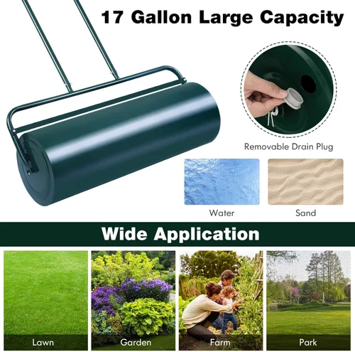 Miniatura 4 de Goplus - Rodillo para césped, de acero, con relleno de agua o arena, tirado/empujado/remolcado, con mango en forma de U, rodillo para césped de Verde