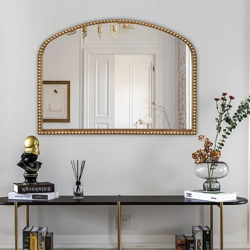 BAODANFU - Espejo de tocador para dormitorio, 89 x 71 cm, gran espejo de pared con arco vintage dorado, marco con cuentas, espejos decorativos para
