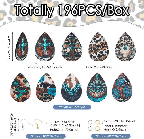 Miniatura 3 de KISSITTY Kit de fabricación de aretes de madera, 36 piezas de lágrima con cruz de vaca y leopardo, dijes de madera impresos con 80 ganchos