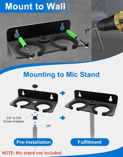 Miniatura 2 de Soporte para micrófono múltiple para colgar micrófonos dinámicos, con cable e inalámbricos, soporte de micrófono doble, acolchado de goma/montado
