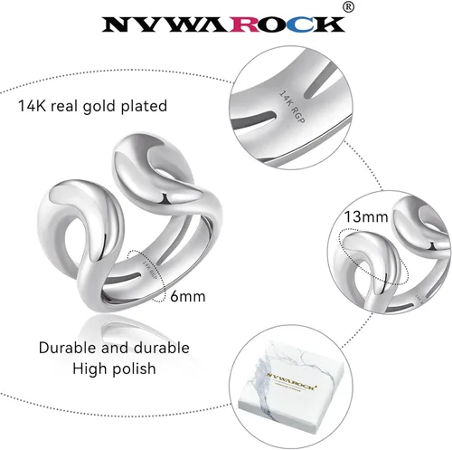 Miniatura 2 de NVWAROCK Anillo de oro grueso chapado en oro real de 14 quilates, anillos abiertos para mujeres y hombres, doble capa, de alto pulido, apilable