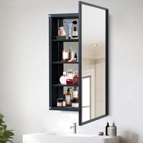 Miniatura 11 de Botiquín de baño negro con espejo de 16 x 24 pulgadas, marco de metal, empotrado o montado en la pared, gabinetes de medicina de una sola puerta