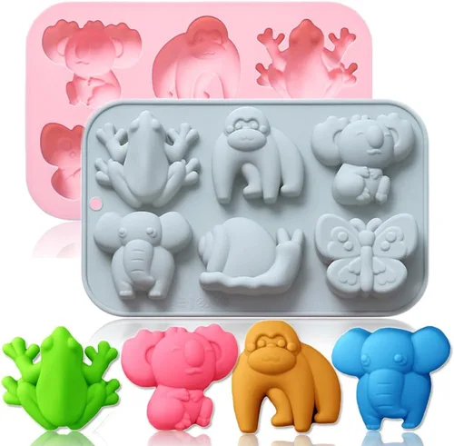 Paquete de 2 moldes de silicona para chocolate, elefante, mono, rana, para pasteles, gomitas, gelatina, cubitos de hielo, decoración de pasteles,