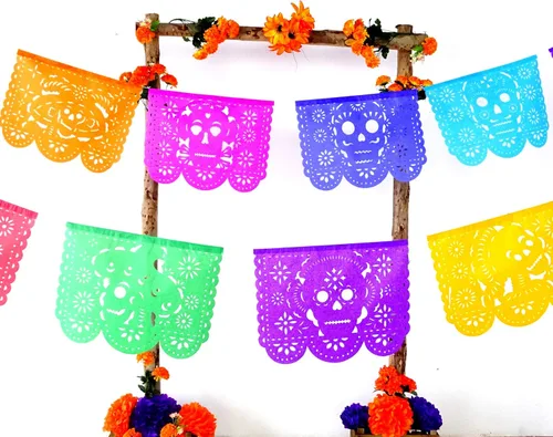 Miniatura 9 de Cartel de papel picado Dia de Los Muertos, guirnaldas de papel de seda del Día de los Muertos, decoraciones de fiesta mexicana, paquete de 5 83