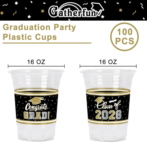 Miniatura 2 de Gatherfun Decoraciones de graduación 2026-100 piezas de vasos de plástico de graduación negros y dorados de 16 onzas para fiesta de graduación