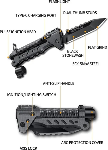 Miniatura 5 de VIPERADE VAK6 Multiherramienta de supervivencia con cuchillo plegable, linterna LED, encendido por pulso y generador de manivela, cuchillo