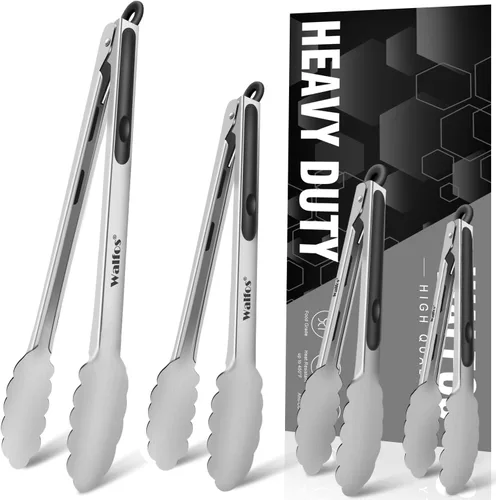 Walfos Pinzas de cocina de acero inoxidable para cocinar, barbacoa, 7, 9, 12 y 14 pulgadas, juego de 4 pinzas de metal resistentes con bloqueo para