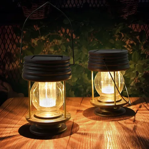 Miniatura 9 de Linterna solar – Luces solares colgantes para exteriores, paquete de 2 linternas LED impermeables alimentadas por energía solar, diseño vintage