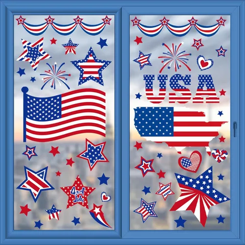 Miniatura 3 de Decoraciones patrióticas para ventanas del 4 de julio, 9 hojas de calcomanías de ventana de bandera estadounidense para ventanas de vidrio