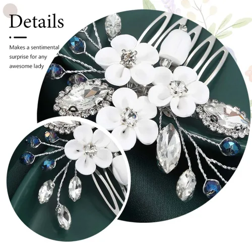 Miniatura 6 de Catery Peine para el cabello de boda con diseño de flores para novia, color plateado, pequeño peine lateral azul, accesorios de joyería para mujeres