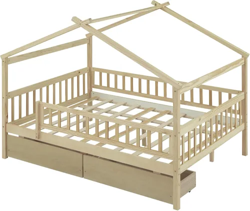 Miniatura 9 de Cama de casa matrimonial para niños, cama Montessori de tamaño matrimonial con 2 cajones de almacenamiento, barandillas y techo, cama