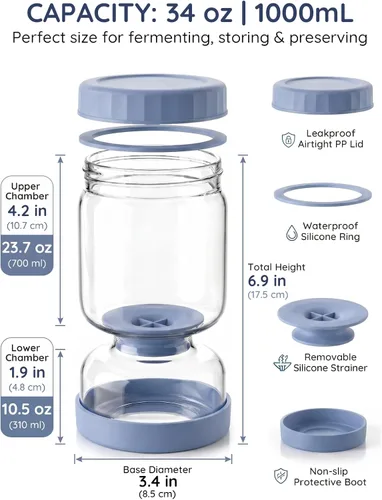 Miniatura 3 de Homnoble Frasco para Pepinillos con Colador Abatible para Separar el Jugo de los Pepinillos Húmedos y Secos, Tapa ABS de Grado Alimentario Mejorada