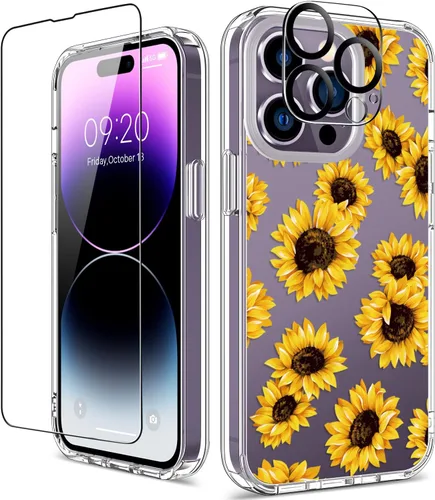 Miniatura 44 de Funda para iPhone 14 Pro con protector de pantalla, 6.1 pulgadas, transparente de cuerpo completo, a prueba de golpes, diseño floral, para niñas