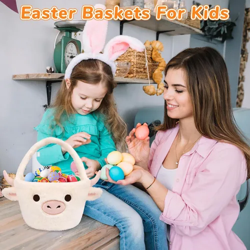 Miniatura 5 de Cesta de Pascua - Cestas de felpa de vaca blanca de Pascua para niños, suaves y vacías para caza de huevos con asa, lindas decoraciones de dulces