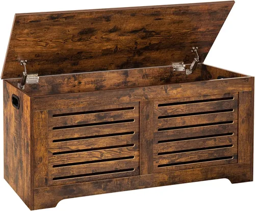 Miniatura 31 de DINZI LVJ Cofre de almacenamiento, caja de juguetes de madera de 39.4” con 2 bisagras de seguridad, banco de almacenamiento de zapatos retro