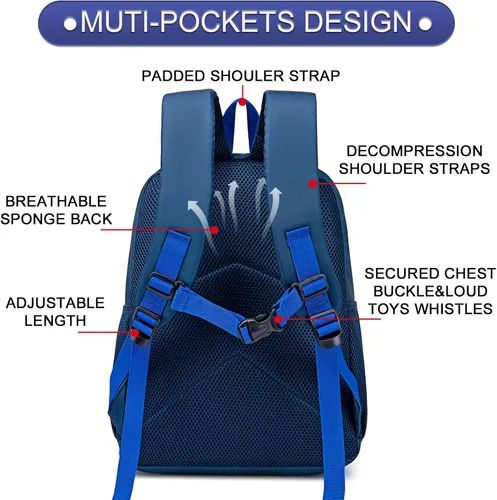 Miniatura 3 de BTOOP Mochila escolar para niños, mochila escolar para preescolar y jardín de infantes con unicornio con clip para el pecho, Sportball-azul marino