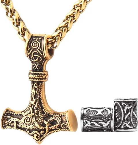 Gungneer Thor Hammer Pendant Mjolnir Necklace 18K Gold Plated Stainless Steel Norse Viking Jewelry for Men Women