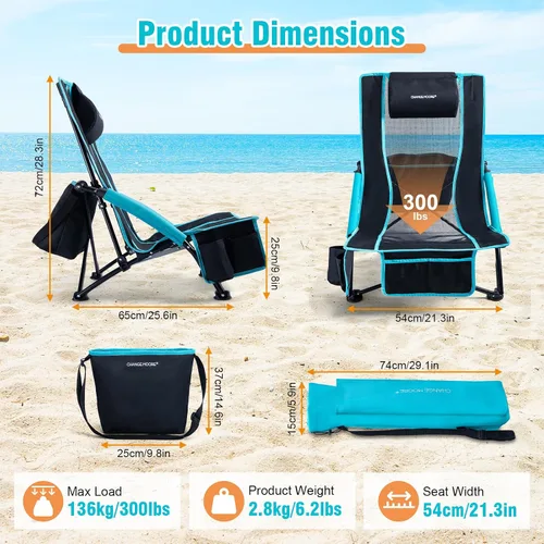 Miniatura 3 de CHANGE MOORE Silla de playa baja con bolsa enfriadora 2 en 1, 1 paquete soporta hasta 300 libras, sillas de playa plegables para adultos con soporte