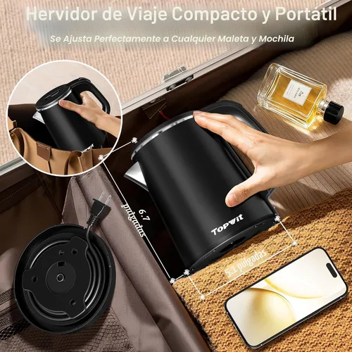Miniatura 2 de Hervidor eléctrico pequeño de 0.8 L, hervidor de viaje portátil de acero inoxidable – 800 W de ebullición rápida, apagado automático y protección