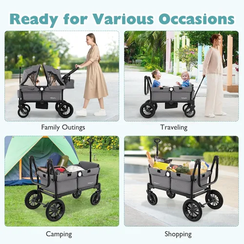 Miniatura 9 de BABY JOY Cochecito vagón para 2 niños, vagón doble plegable para empujar o jalar con mango ajustable, toldo extraíble, arnés de seguridad, Gris