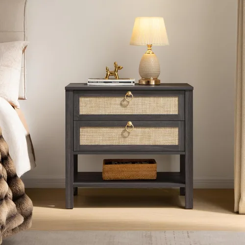 Miniatura 13 de Sicotas - Mesita de noche con cajones y estante de almacenamiento - Gran mesita de noche de ratán, decoración boho, mesita de cabecera estrecha