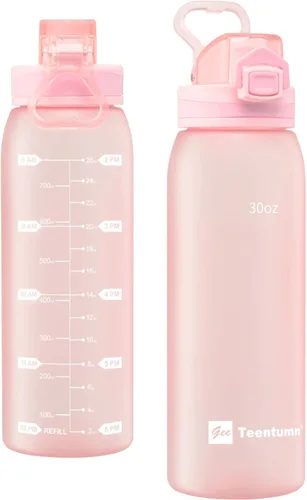 Miniatura 14 de Botella de agua deportiva de 30 onzas con marcadores de tiempo, botella grande y duradera de plástico para gimnasio, Tritan sin BPA, transparente