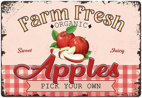 SCAZOMV Letrero de metal vintage con diseño de manzanas dulces y jugosas de granja, póster de fruta retro, letrero decorativo de pared, decoración