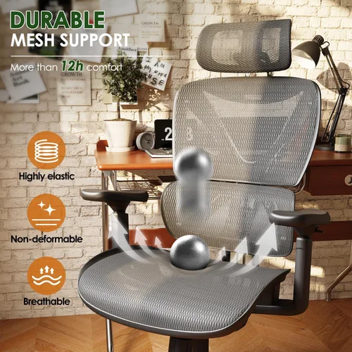 Miniatura 7 de GABRYLLY Silla de oficina ergonómica, silla de malla grande y alta con soporte lumbar, reposabrazos 3D, rotación de 215°, reposacabezas ajustable