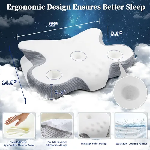 Miniatura 5 de Almohada cervical para aliviar el dolor de cuello, almohadas ergonómicas de contorno lateral para adultos, almohadas refrescantes de espuma Blanco