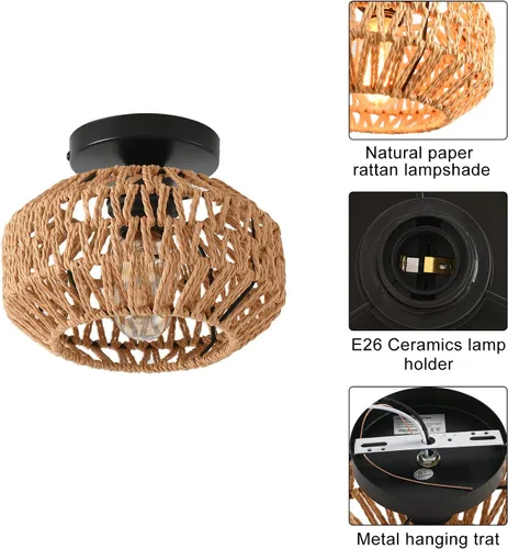 Miniatura 7 de 1 paquete de lámparas de granja para montaje en techo, mini lámpara de techo de ratán bohemio semiempotrada, accesorios de luz de pasillo tejidos a