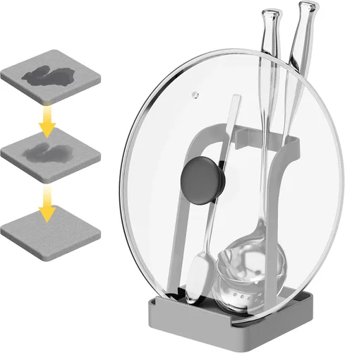 Miniatura 10 de NiHome Soporte para tapa de olla grande y soporte para cuchara con bandeja de goteo extraíble, organizador de encimera de cocina de hierro negro