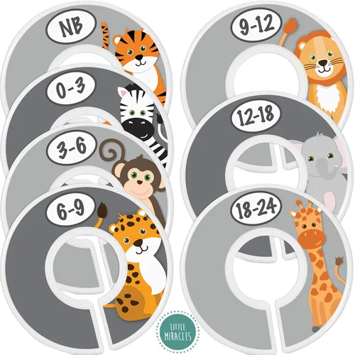 Divisores de tamaño de armario de safari para guardería, 7X para ropa de bebé, elefante, jirafa, cebra, león, mono, decoración, para niño o niña,