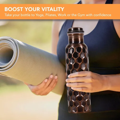Miniatura 7 de Botella de agua de cobre 100% puro para beber 34 onzas, extra grande, recipiente de cobre ayurvédico para beber, beber, yoga, fitness e hidratación