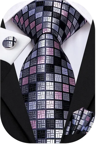 Miniatura 21 de Hi-Tie Corbata clásica de cachemira para hombre con pañuelo y gemelos a cuadros