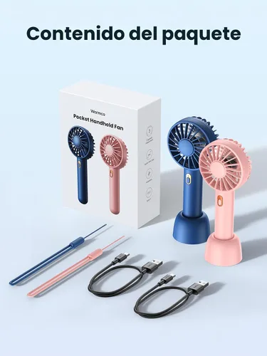 Miniatura 9 de Warmco Mini ventilador portátil paquete de 2 – Ventilador de mano y escritorio recargable de 3 velocidades con base, refrigeración compacta