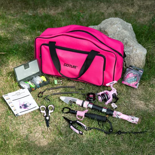 Miniatura 8 de Goture Combo de caña de pescar y carrete rosa - Carrete giratorio ML Action con bolsa rosa - Kit de caña telescópica para principiantes, viajes