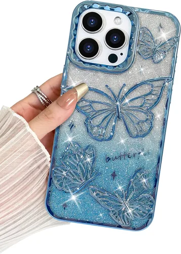 Miniatura 44 de BITOBE Diseñada para iPhone 15 Pro Max, bonita funda de mariposa 3D chapada en purpurina delgada para mujeres y niñas, protección de cámara, Negro