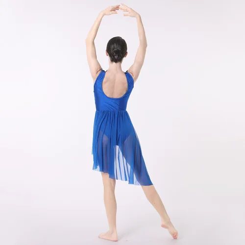 Miniatura 3 de ODASDO Elegante vestido de baile lírico para mujer, manga casquillo de encaje, falda de tul asimétrica, leotardo, disfraz contemporáneo, XS-XL