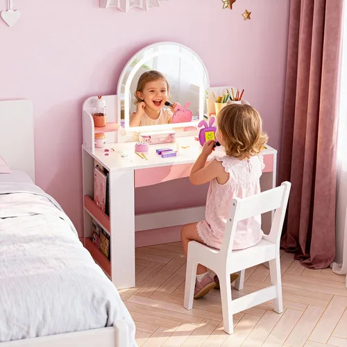 Miniatura 5 de Teckid Juego de mesa y silla para niños con luces, escritorio de tocador para niñas, tocador de maquillaje de princesa para niños con estantes