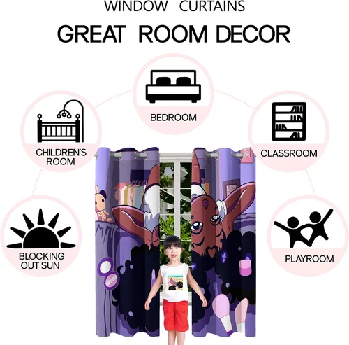 Miniatura 6 de Cortinas negras para dormitorio, decoración de habitación, cortinas opacas para ventana, juego de 2 paneles con estampado de niña africana morada