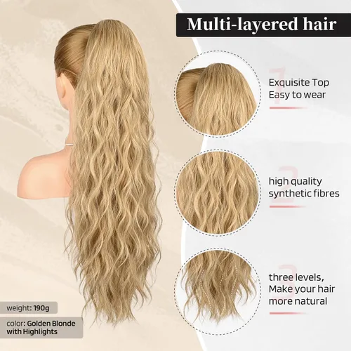 Miniatura 2 de Flufymooz Extensión de Cola de Caballo, Extensiones de Cabello con Cordón de 26 Pulgadas para Mujeres, Cola de Caballo Larga y Ondulada Natural
