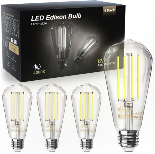 Miniatura 17 de TJOY Paquete de 4 bombillas LED Edison ámbar vintage, equivalente a 60 W, regulables, 8 W, 800 lúmenes, blanco suave de 2200 K, ST58, bombillas